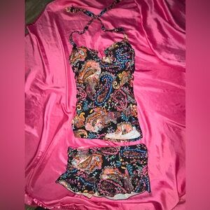 Kenneth Cole Reaction Paisley Tankini Swimsuit Set Size M Ruffle Bottom Boho